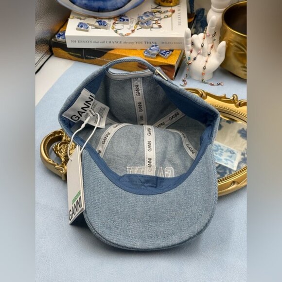 🆕 GANNI 🧿 NWT White Logo Embroidered Blue Denim Baseball Cap, Woman's Hat - Picture 11 of 14
